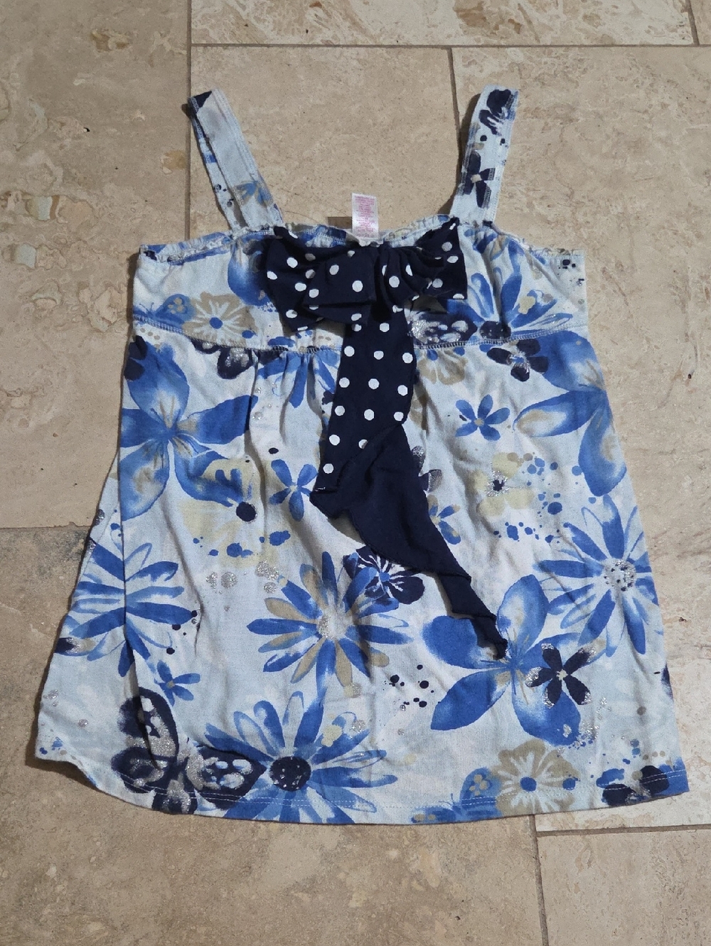 Justice Girls Size 12 Blue Floral Summer Top Polka Dot Bow